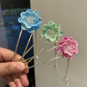 Pic à Cheveux Style Chinois Fleur Gland Élégant Alliage Cristal Épingle à Cheveux Künstliche Perle pour Mariage Fête Hanfu Ornement