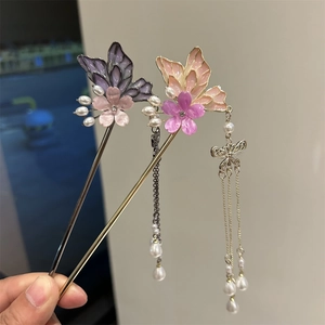 Vintage Butterfly Tassel Hair Stick Elegant Artificial Pearl Flower Metal Hairpin For Hanfu Wedding Party Costume Women Jewelry