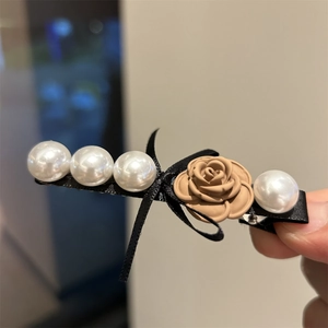 Elegant Korean style hair clip with vintage resin rose, white pearls and black ribbon bow