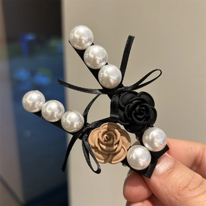 Elegant Korean style ribbon hair clips with resin roses and white pearls set for women
