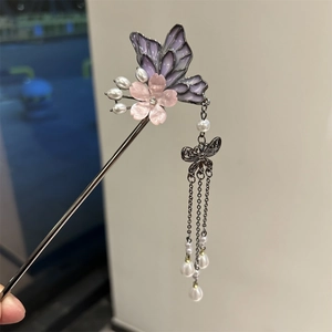 Elegant silver hair pin with purple butterfly wings, pink flower and pearl tassels