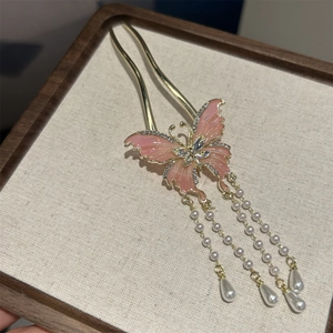 Butterfly Tassel Hair Stick Traditional Chinese Style Alloy Rhinestone Faux Artificial Pearl Hairpin For Women Hanfu Qipao Accessory