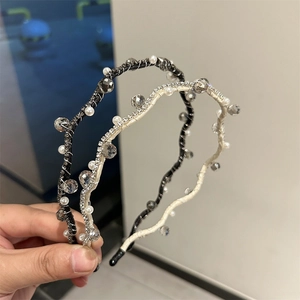 Korean Minimalist Crystal Braided Headband For Women Elegant Artificial Pearl Rhinestone Wave Hair Band Handmade Wedding Party Headwear