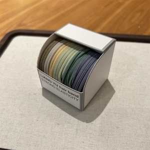 Detail view of multi-color elastic hair ties set in a box with strong woven texture