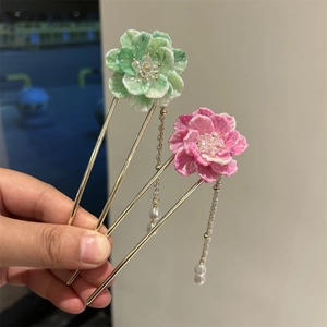 Épingles à cheveux florales élégantes avec fleurs en résine rose et verte et perles