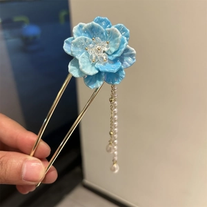 Épingle à cheveux dorée en U avec fleurs bleues et pampilles de perles pour femmes