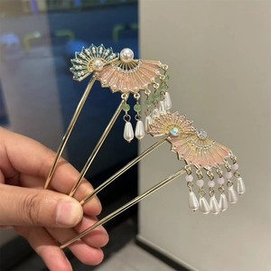 Neo-Chinesischer Stil Legierung Fächerförmiger Haarstab Mit Strass Imitat Künstliche Perle Quaste Vintage Antike Haarnadel Für Damen