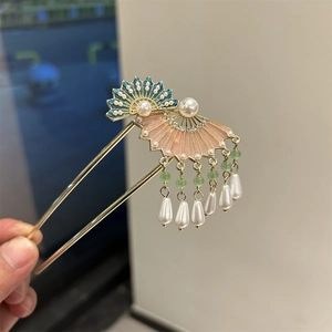 Eleganter chinesischer Fächer Haarnadel mit Perlen und Quasten in Goldoptik