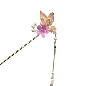 Elegant Chinese butterfly hair stick with purple flower, pearls and long tassels