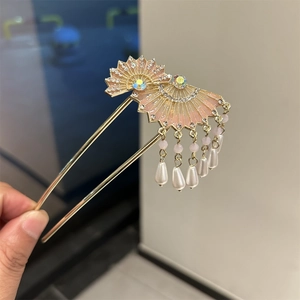 Eleganter chinesischer Haarfächer mit Strasssteinen und rosa Perlenquasten