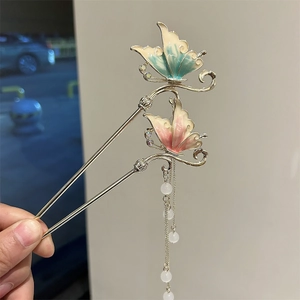 Vintage Chinese Style Butterfly Tassel Hair Stick Alloy Enamel Rhinestone Step Shake Hairpin For Hanfu Women Jewelry
