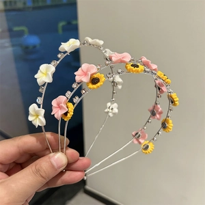 Serre-tête Doux à Fleurs et Strass pour Femmes Style Coréen Alliage Métal Bandeau Fin Accessoires de Cheveux Floraux pour Vacances Fête