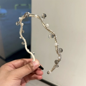 Elegant woven headband with white pearls and sparkling clear crystals for women