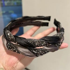 Braided French headband for women with dark grey rhinestones and anti-slip teeth detail
