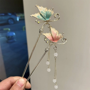 Chinese butterfly hair pins with colorful enamel wings and long golden tassels