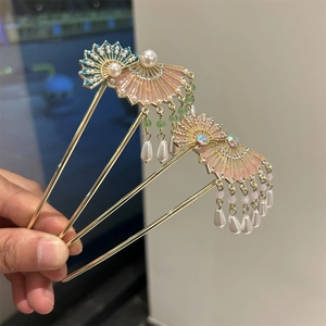 Elegantes chinesisches Haarnadel-Set in Fächerform mit Perlen und langen Quasten