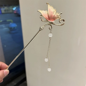 Elegant Chinese style butterfly hair pin with pink tassel and white pearls for women
