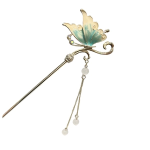 Elegant Chinese style butterfly hair stick with tassels and blue enamel inlay