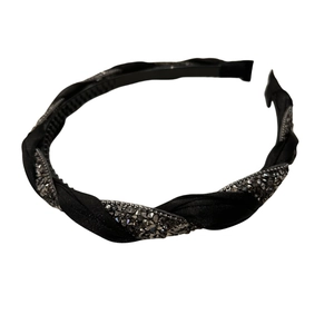 Elegant twisted braided headband for women with dark grey rhinestones on black satin
