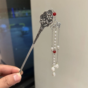 Vintage Chinese Style Alloy Hair Stick With Long Tassel Imitation Artificial Pearl Butterfly Cloud Design For Women Hanfu Accessories