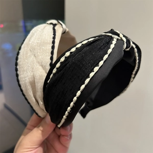 Korean Style Elegant Wide Fabric Knotted Headband For Women Contrast Stitching Edge Retro Vintage Hair Hoop Accessory
