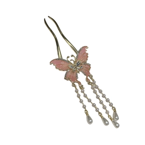 Elegant gold butterfly hair pin with pink enamel details and white pearl tassels for women