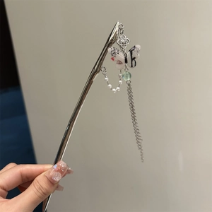 Silver Chinese hair pin with ink butterfly pendant and long metal tassel hair accessory