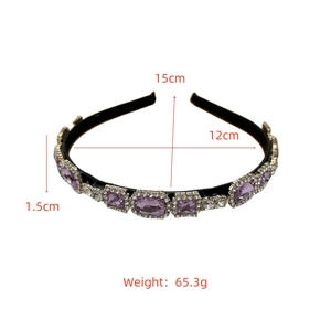 Detailed dimensions of a vintage wide rhinestone headband with purple crystals and 65.3g weight