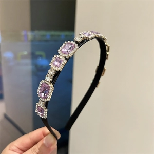 Elegant French style thin headband with large purple crystals and white rhinestones