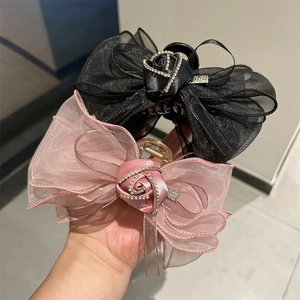 Grande Pince à Cheveux Nœud en Organza avec Rose de Satin Strass Style Coréen Élégant Barrette pour Femme