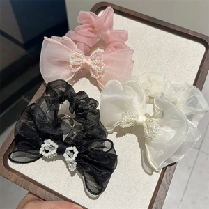 Elegant Bowknot Mesh Organza Scrunchie With Faux Artificial Pearl Accents Sweet Korean Style Hair Tie Ponytail Holder For Women Girls