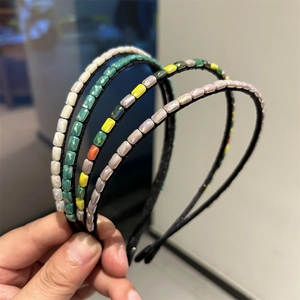 Korean Handmade Artificial Crystal Beaded Thin Headband Elegant Geometric Rectangle Beads Hairband For Women Daily Hair Accessory