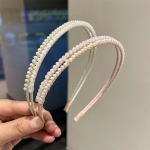 Elegant pearl and crystal thin headband in cream and pink for women hair styling