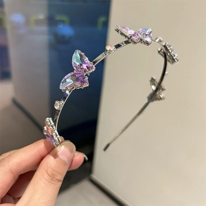 Serre-tête papillon en cristal violet scintillant avec cadre argenté pour fête élégante