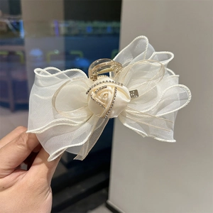 Pince à cheveux rose en organza blanc crème avec strass pour coiffures féminines