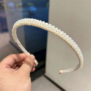 Elegant double-layered faux pearl and crystal bead headband for women in creamy white