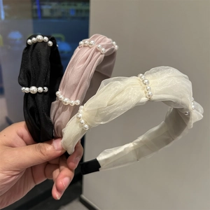 Women Elegant Artificial Pearl Pleated Mesh Headband Vintage Twisted Organza Hair Band Wide Brim Retro Hair Hoop Hair Accessories