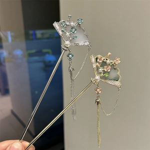 New Chinese Style Fan Tassel Hairpin Alloy Enamel Flower Artificial Pearl Rhinestone Ancient Hair Stick For Women Hanfu Qipao Jewelry