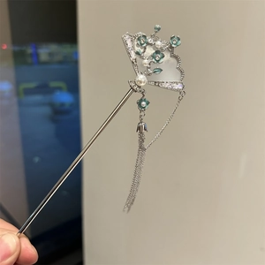 Elegant Chinese fan-shaped hair pin with silver tassels and light blue enamel flowers