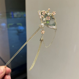 Elegant Chinese fan tassel hair pin with pink flowers and pearls in gold finish