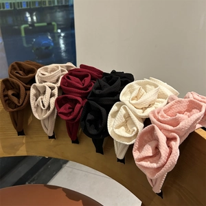 Vintage Handmade Fabric Three-Dimensional Rose Flower Headband For Women Wide Textured Cloth Hairband Retro Party Hair Hoop