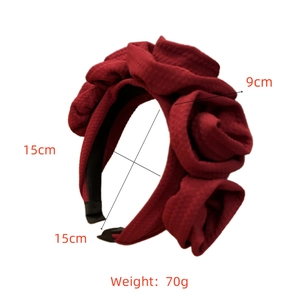 Detailed view of dark red fabric rose headband with precise dimensions and 70g weight