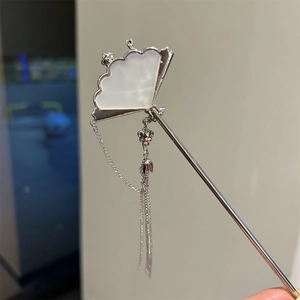 Detail of silver fan-shaped hair stick with tassel and flower pendant for Hanfu