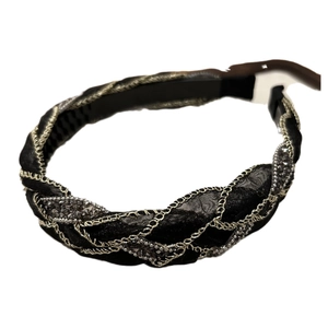 Cerchietto intrecciato nero con catenelle argentate e strass scuri da donna elegante