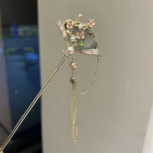 Detail of Chinese fan-shaped hair pin with pink enamel flowers and pearl tassels