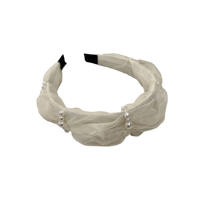 Elegant white organza headband with decorative pearls in a vintage Korean style