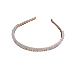 Elegant double-layer headband with purple crystal beads and white pearls on pink satin base