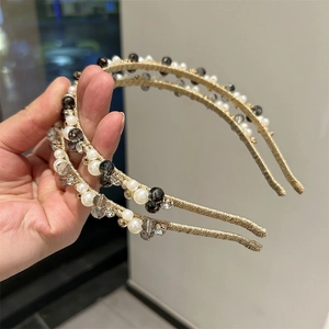 Handmade vintage crystal pearl headband set with elegant gold base for women