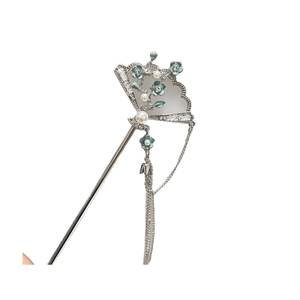 Elegant silver tassel hair stick with fan design and blue enamel flowers on white background