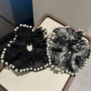 Scrunchie En Dentelle Filet Élégant Rétro Français Avec Bordure En Künstliche Perles Grand Anneau Cheveux Floral Pour Femmes